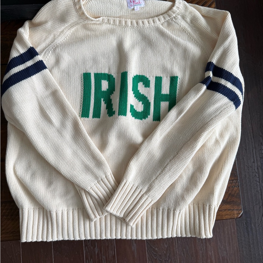 Cream and Green Crew Neck Sweater with Bold Print